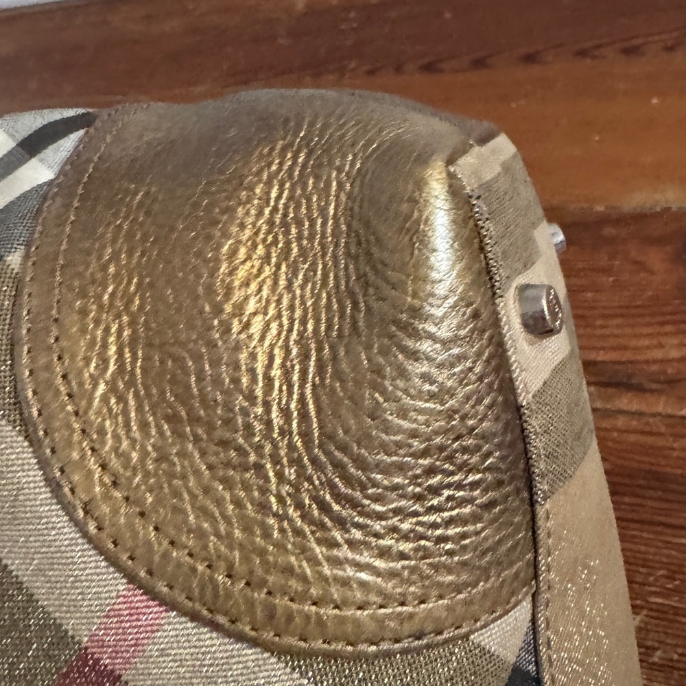 Burberry Shimmer Gold Canvas Leather Byron Nova Check Small Shoulder Tote Bag - Picture 12 of 15